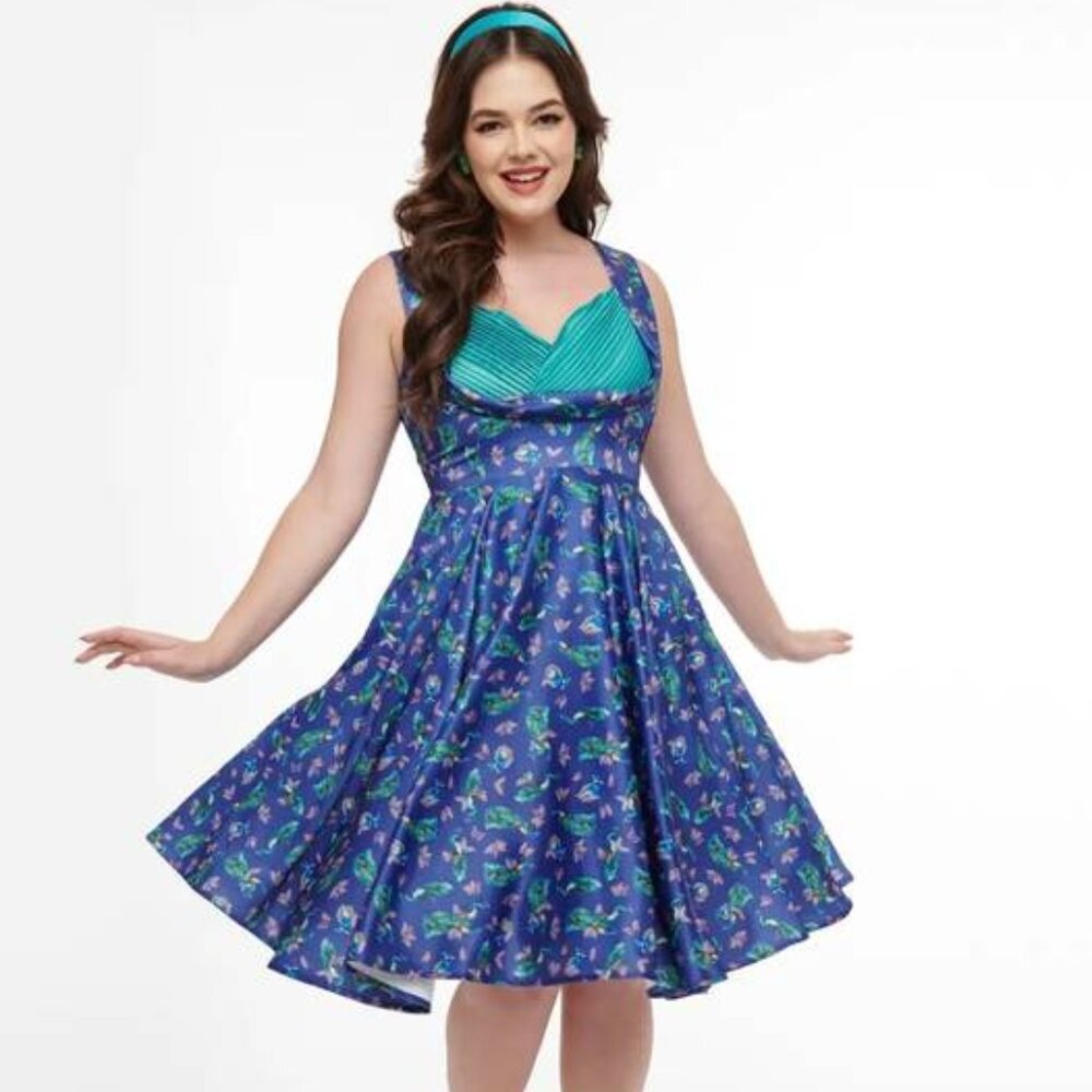 NEW DOLLY AND DOTTY Women's Grace Peacock Pleated Bust Dress Purple